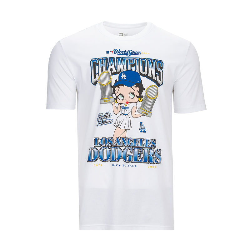 Women's white crew neck T-shirt with colorful Dodgers graphic on front