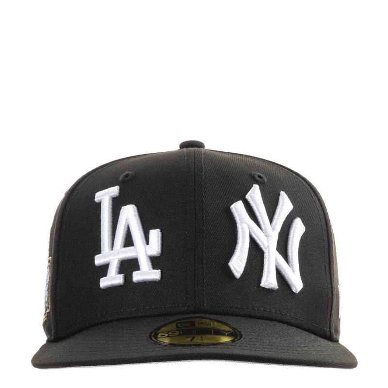 Black baseball cap with LA and NY logo patches on front panels