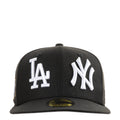 Black baseball cap with LA and NY logo patches on front panels
