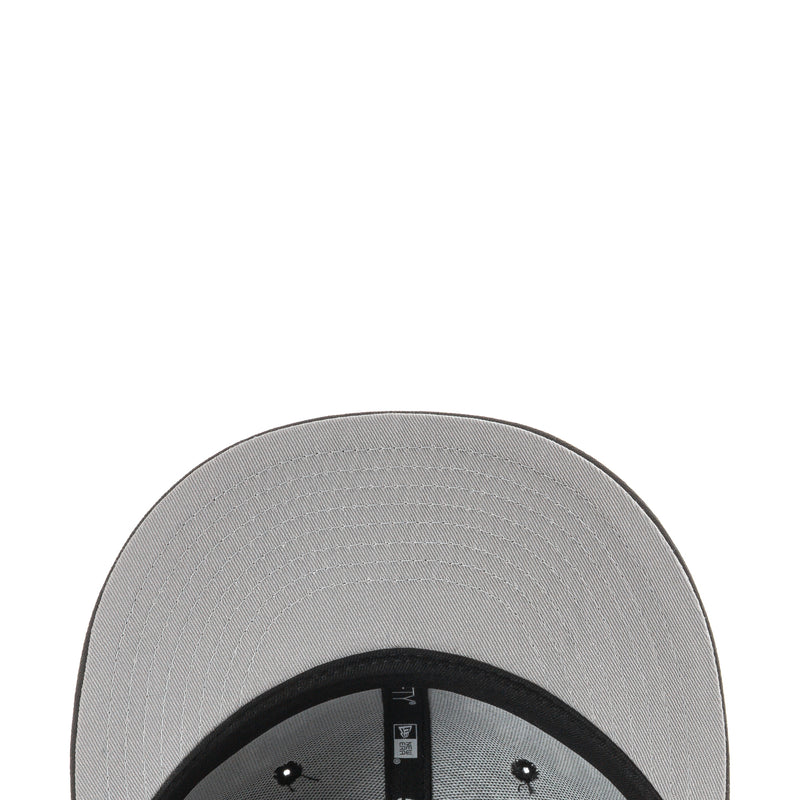 Baseball cap top view with gray crown and black inner band