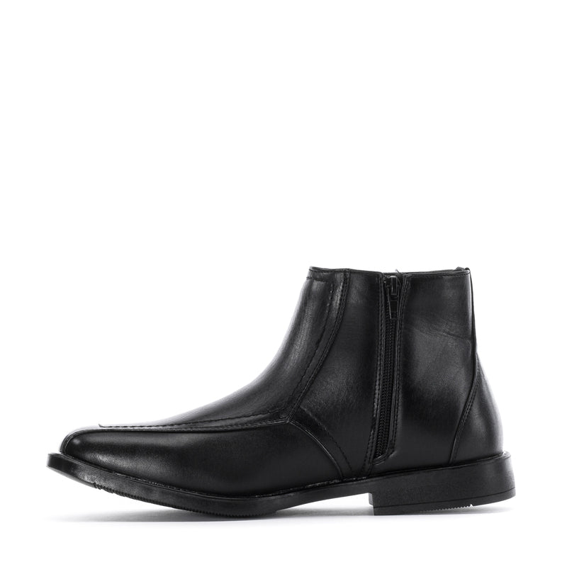 Black leather side-zip ankle boot, front three-quarter view