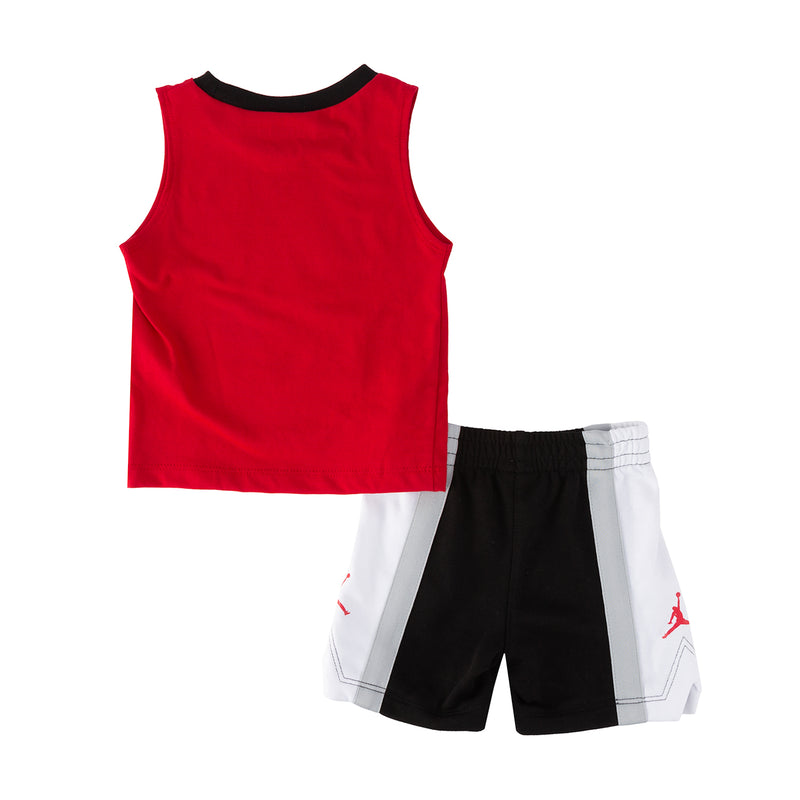 Infant tank and shorts set with plain red sleeveless top, black trim, and two-tone shorts