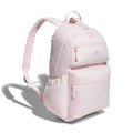 Light pink double-stacked backpack with front zip pocket, logo and padded shoulder straps.
