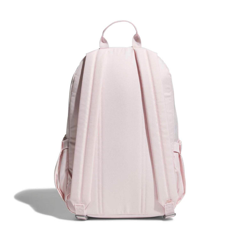 Light pink double-stacked backpack back view with adjustable straps and top carry handle.