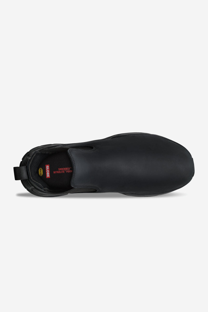 Top view of Dover 2000 black leather slip-on shoe with elastic panels and Vibram sole