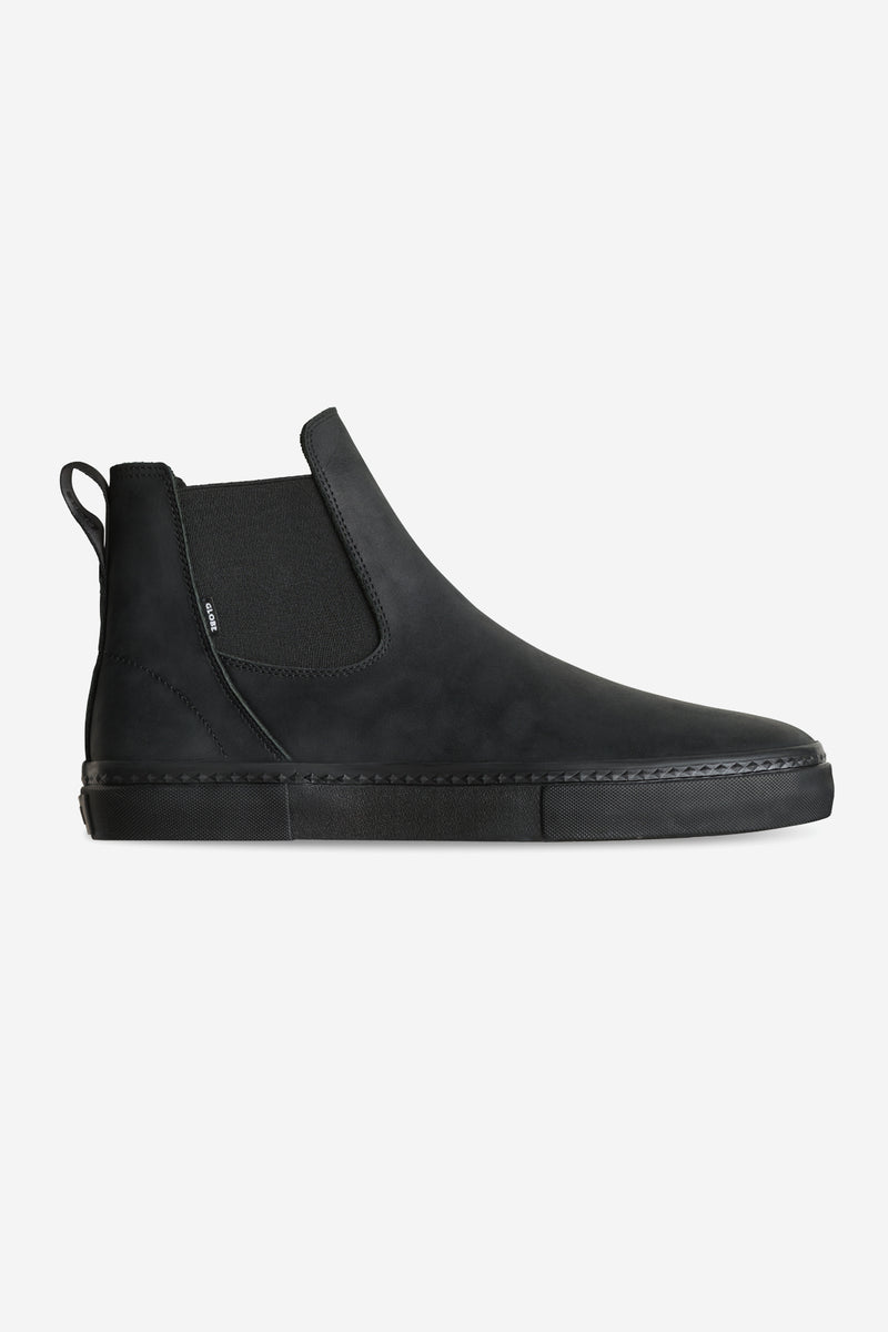 Dover II Black Crazyhorse slip on Chelsea boot side view with elastic panel and back pull loop.