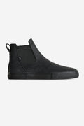Dover II Black Crazyhorse slip on Chelsea boot side view with elastic panel and back pull loop.
