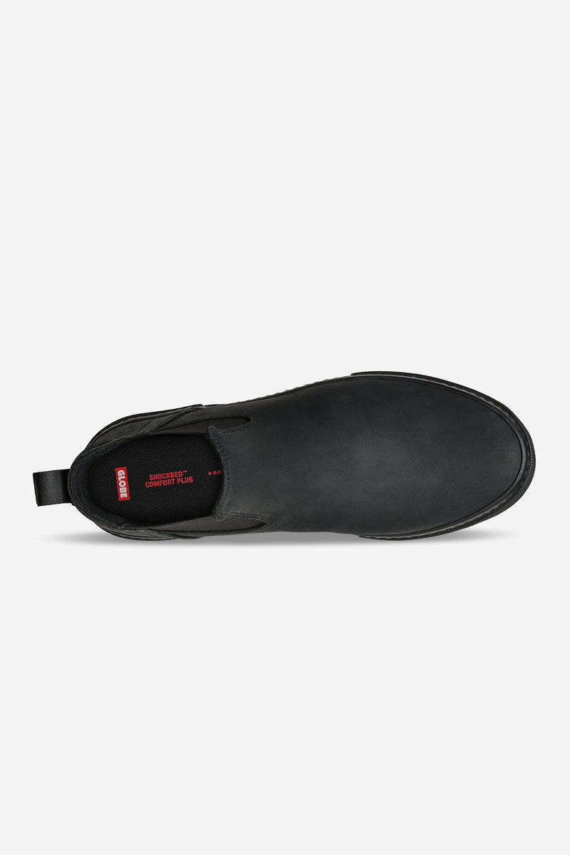 Top view of Dover II Black Crazyhorse slip on skate boot with heel pull tab