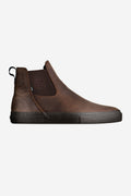 Side profile of Dover II Dark Brown Wasted Talent Chelsea style skate boot with elastic gore and chunky sole