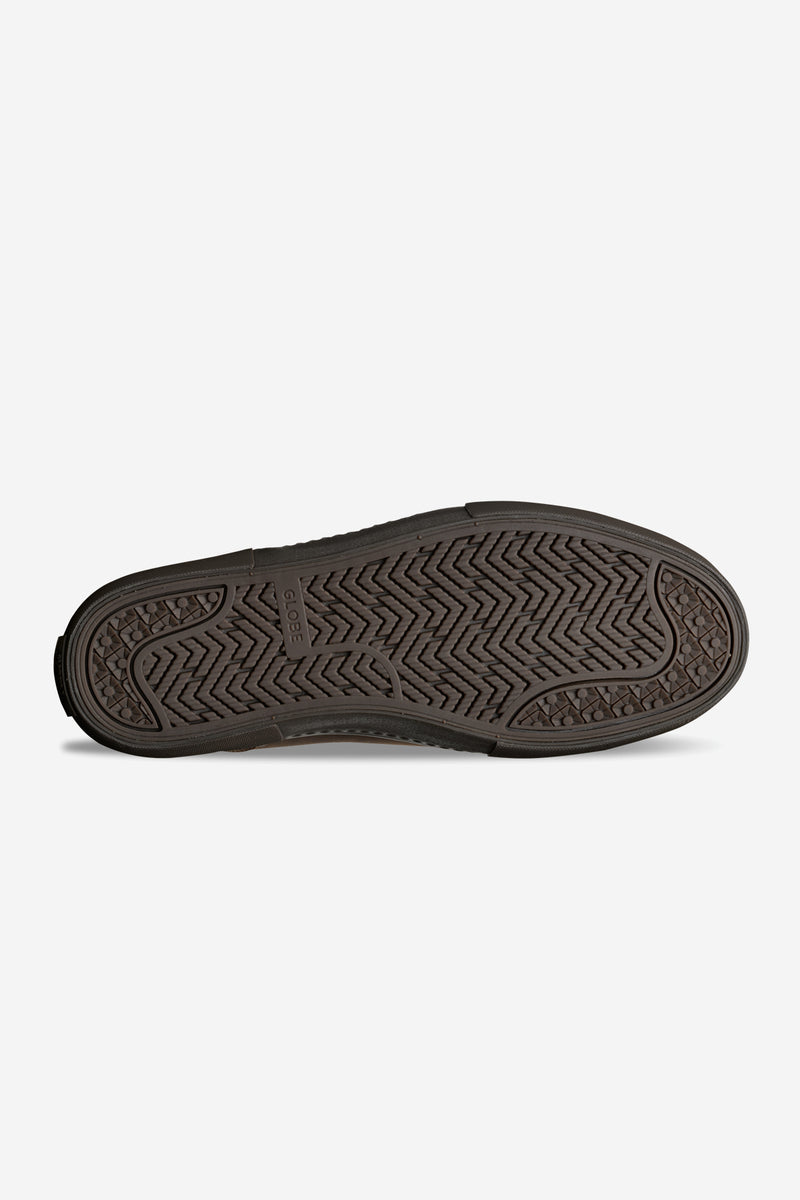 Bottom view of a dark brown Dover II sole showing herringbone tread and Globe branding
