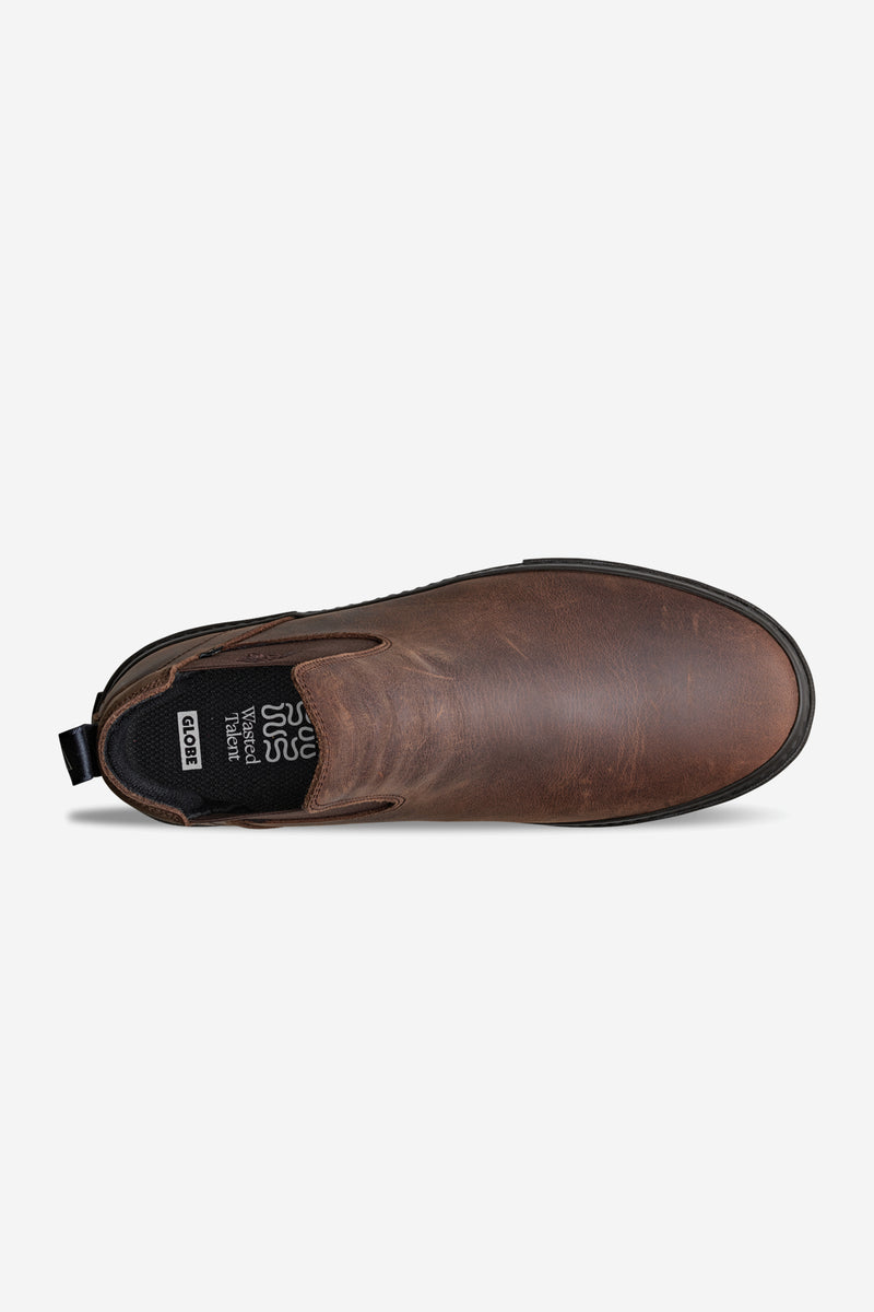 Top view of a brown Dover II Chelsea style boot with elastic side panel
