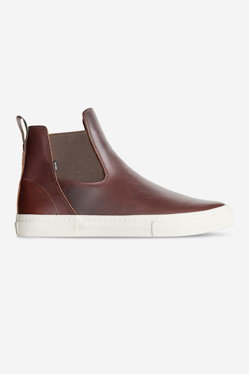 Dover II oxblood Chelsea style slip-on skate shoe with white sole.