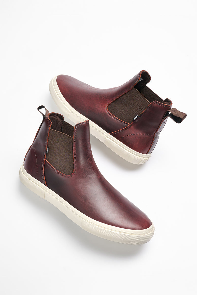 Dover II Oxblood burgundy leather high top slip on Chelsea style boot with elastic panels and white sole