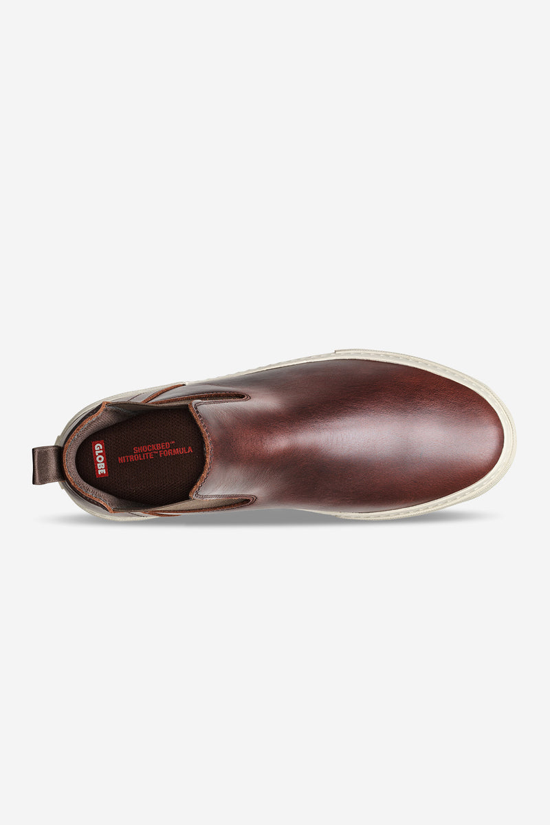 Front angled top view of Dover II Oxblood burgundy leather high top slip on boot with elastic side panels