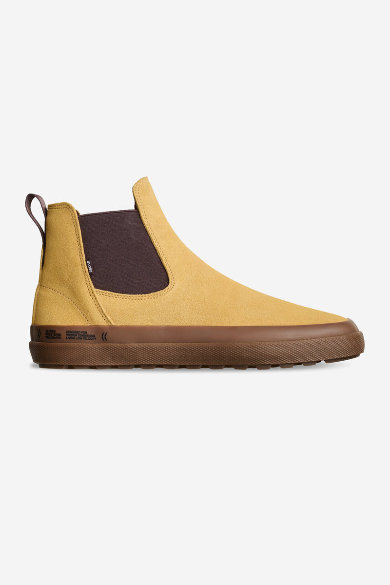 Side profile of the Dover II Trek wheat slip-on boot with tan suede upper and brown outsole