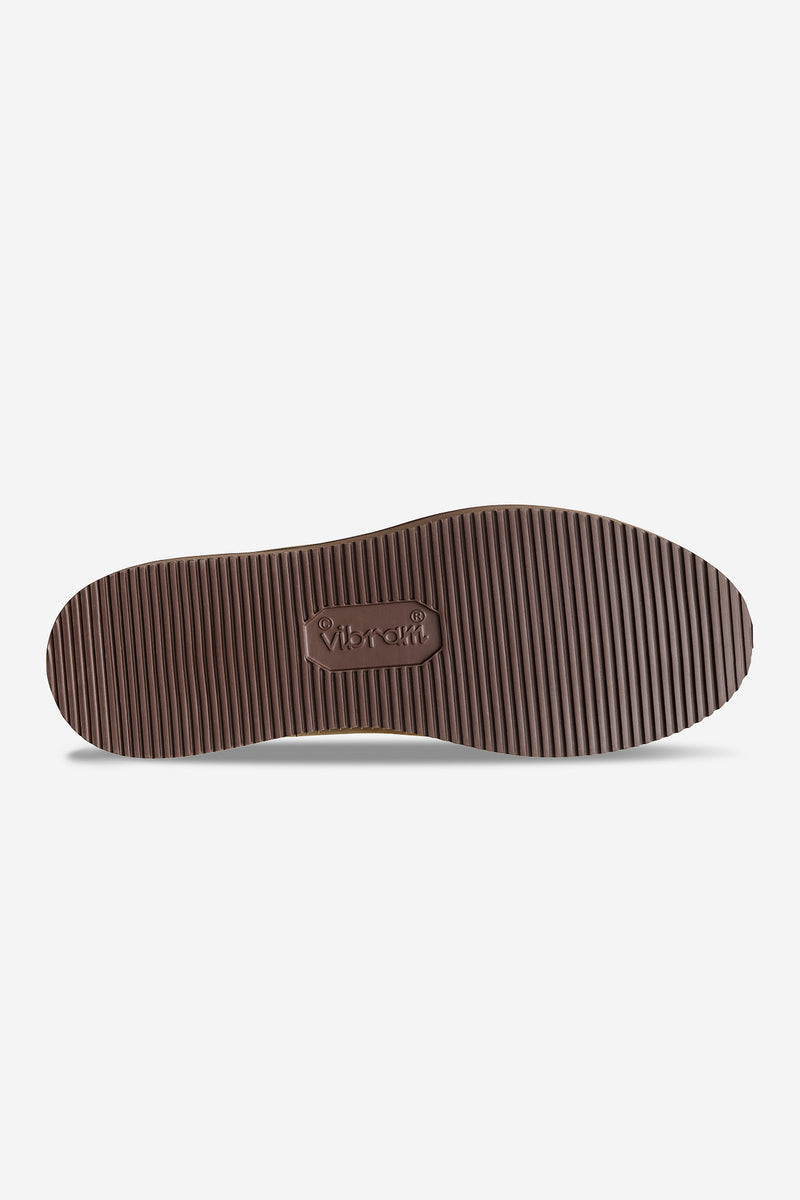 Bottom view of Dover II Vibram brown Crazyhorse sole showing ribbed tread and Vibram logo.