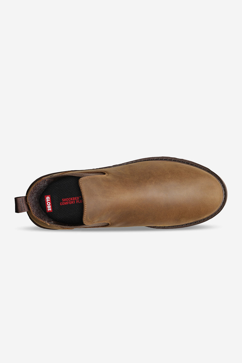 Top view of Dover II Vibram brown crazyhorse Chelsea boot with elastic side panel and rugged outsole