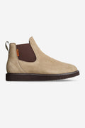 Beige taupe suede Chelsea boot with brown elastic side panel and chunky brown outsole