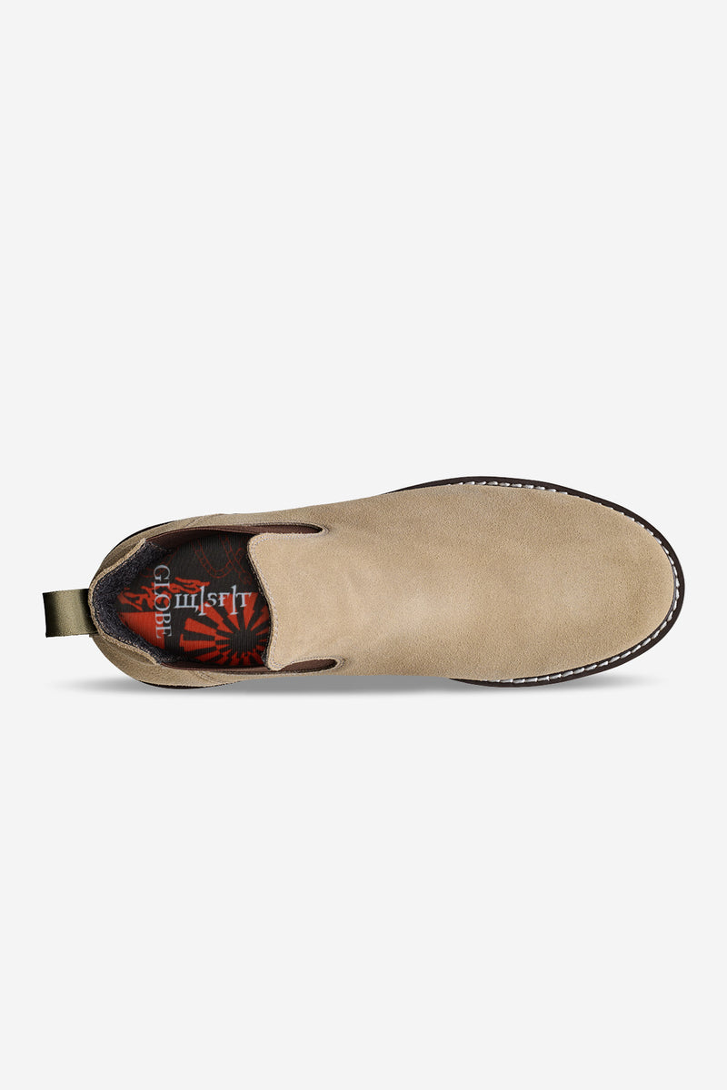 Top view of the Dover II Vibram boot showing beige suede upper elastic panel and red patterned lining