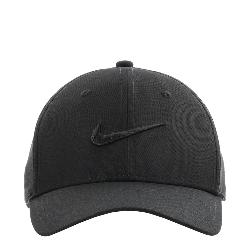 Black Nike cap with embroidered Swoosh, structured crown, adjustable strapback