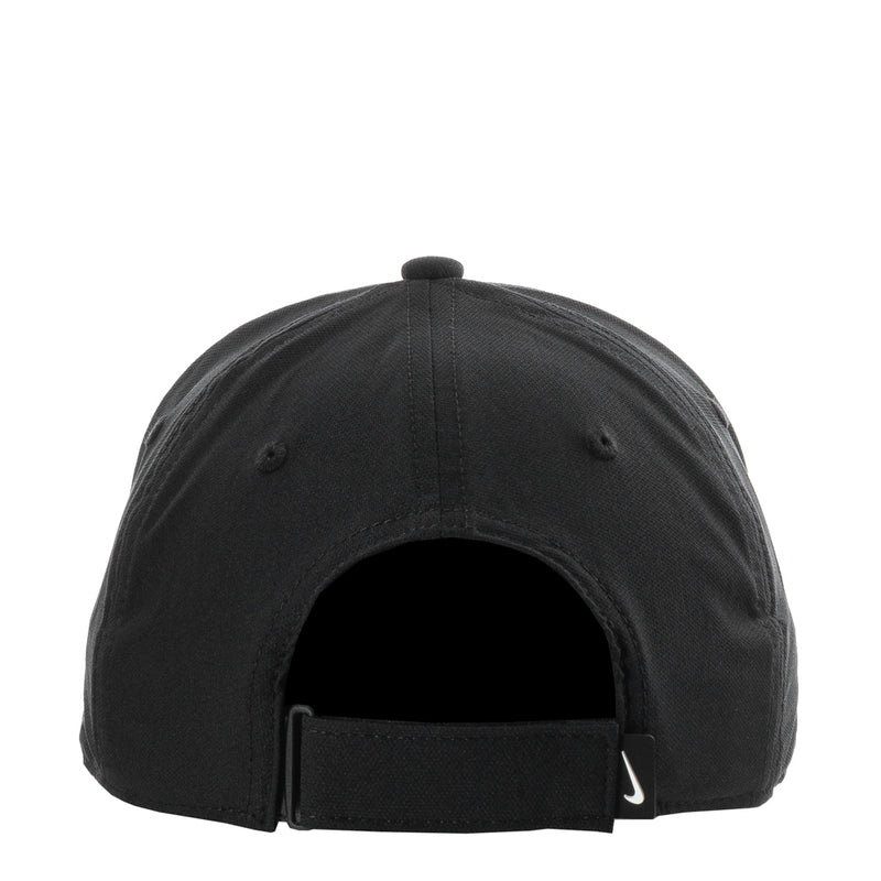 Black Nike cap back opening with strapback adjuster and small Swoosh tag