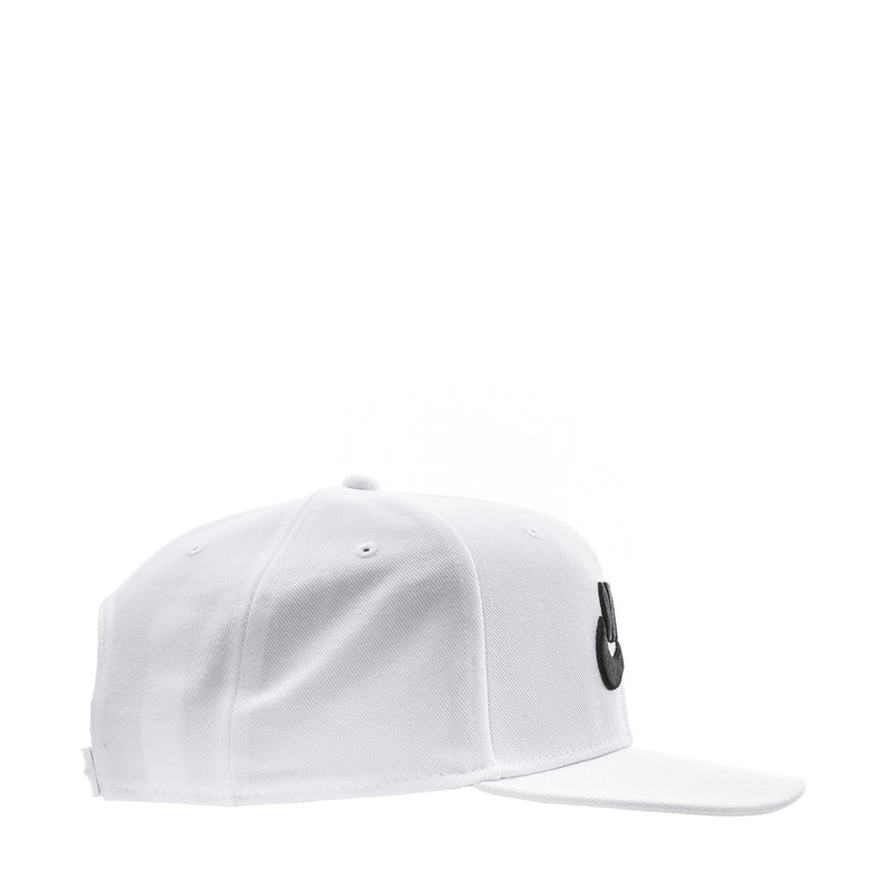 White snapback cap with black logo on side panel