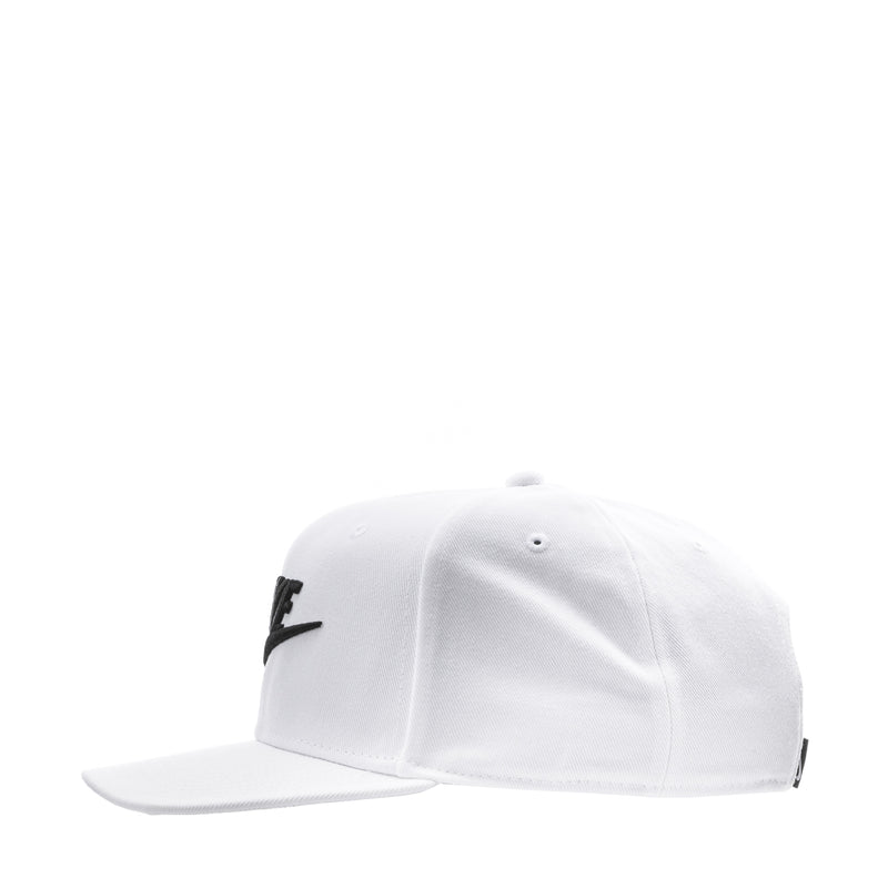 White snapback cap with black side logo and curved brim