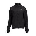 Women's black woven full-zip jacket with mock neck and Nike swoosh.