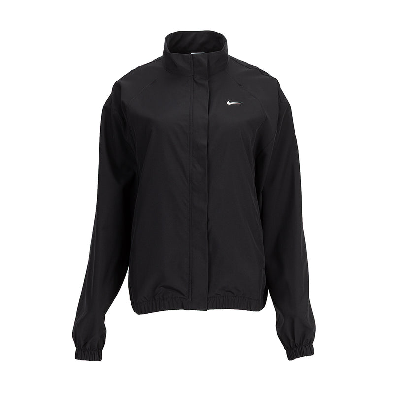 Women's black woven full-zip jacket with mock neck and Nike swoosh.