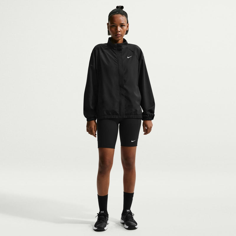 Women's black woven jacket with mock neck and full-zip, Nike swoosh.