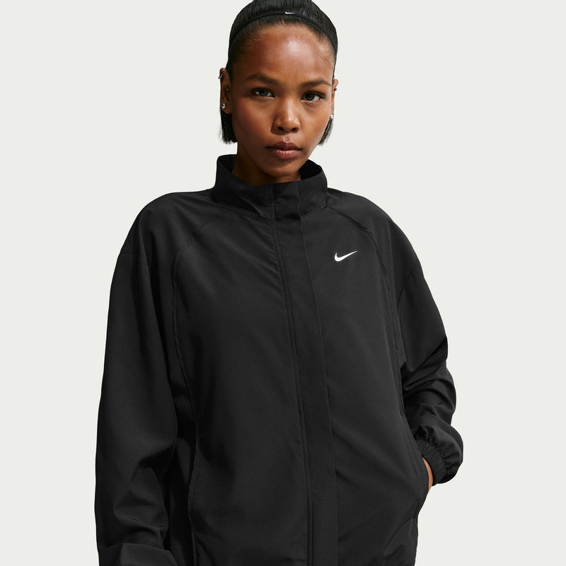 Women's black woven jacket front view with mock neck and Nike swoosh.