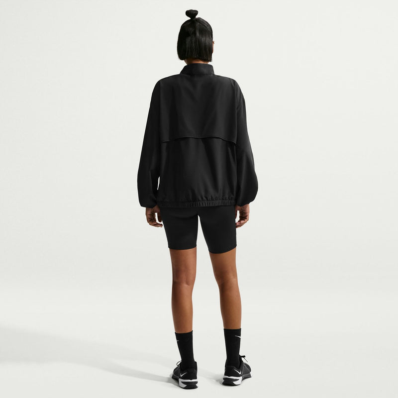 Women's black woven jacket back view with stand collar and full-zip.