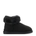 Kids black low boot with fuzzy faux-fur cuff and rounded toe