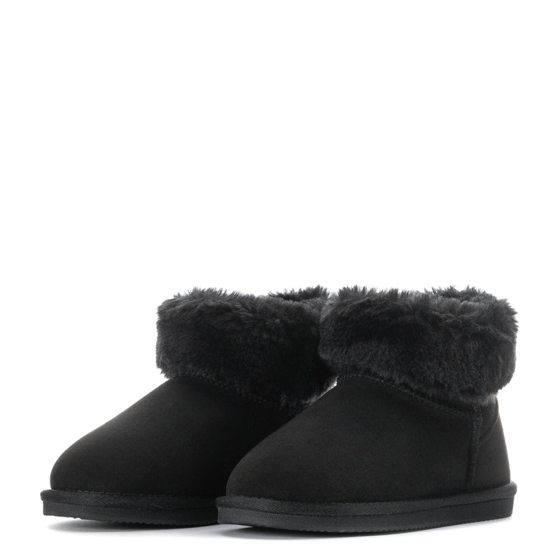Pair of kids black low boots with plush faux-fur cuffs