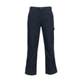 Mens carpenter pants in dark blue, flat front with button closure and belt loops