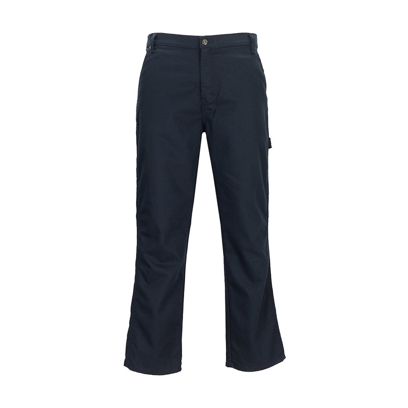 Mens carpenter pants in dark blue, flat front with button closure and belt loops