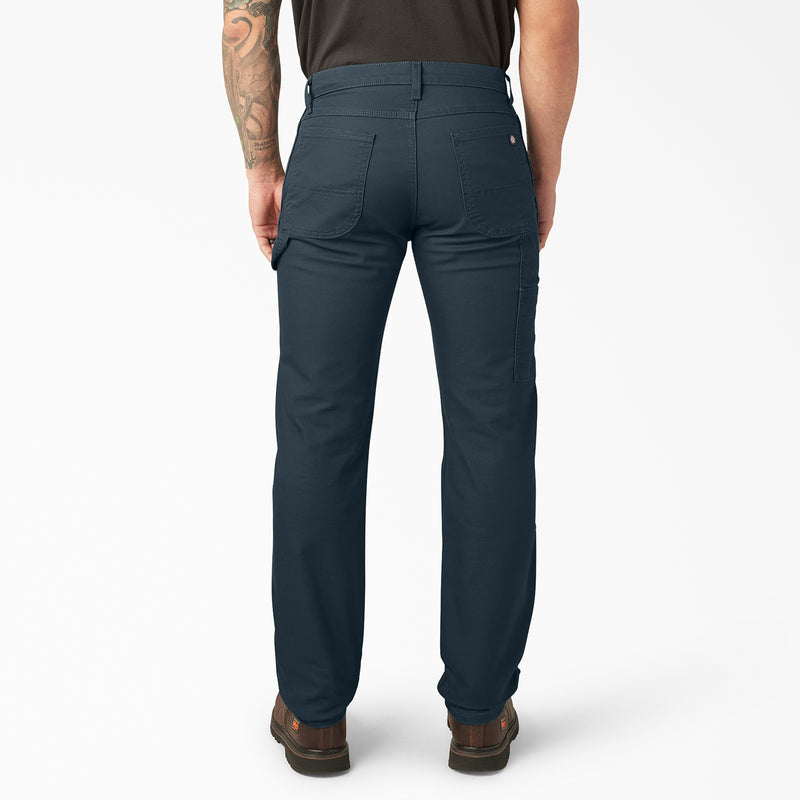 Mens dark blue carpenter pants, back view with belt loops and rear pockets
