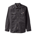 Men's duck shirt jacket in dark gray, button-front with flap chest pockets and long sleeves.