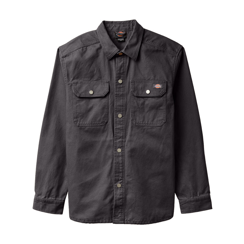 Men's duck shirt jacket in dark gray, button-front with flap chest pockets and long sleeves.