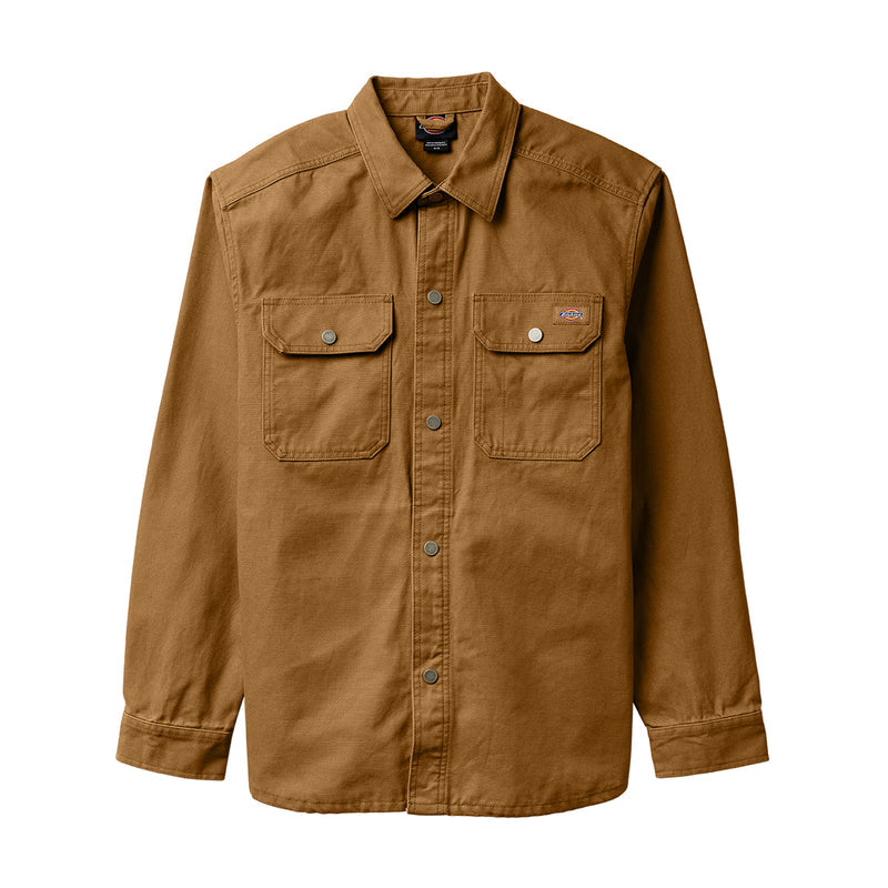 Men's duck shirt jacket in brown with button front and two chest flap pockets
