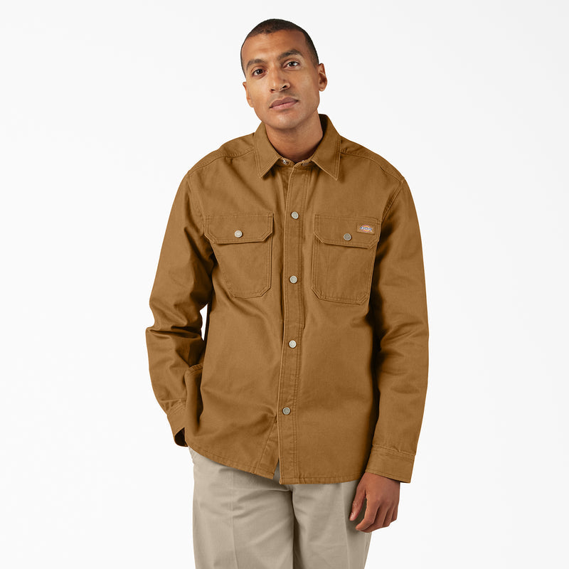Men's brown duck shirt jacket with button placket and two flap chest pockets