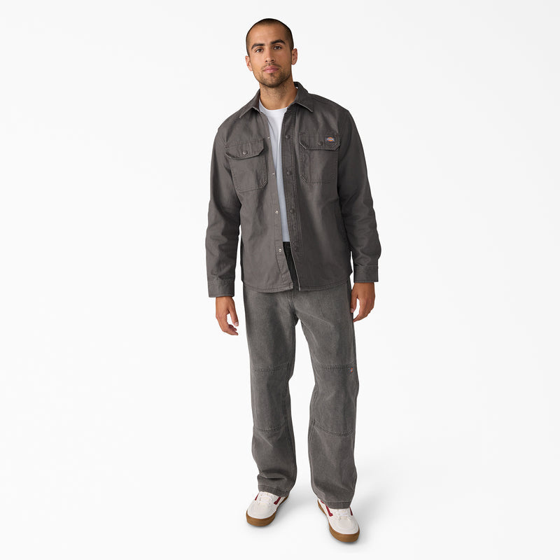Men's duck shirt jacket in dark gray, button front with two chest flap pockets.