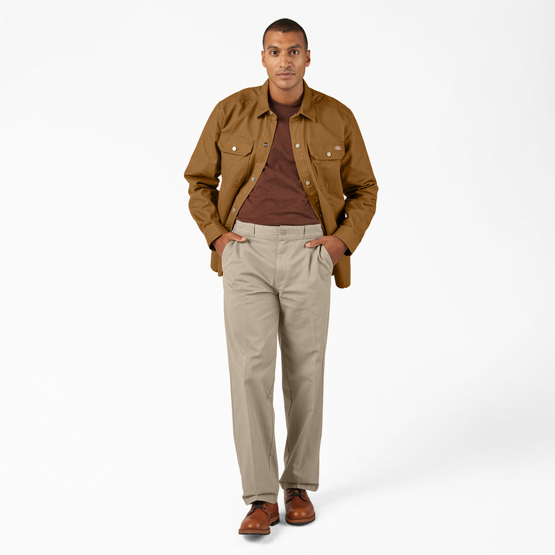 Men's brown duck shirt jacket, long sleeves, stand collar, button-down with chest pockets