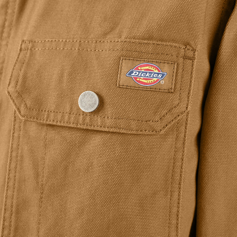 Brown duck shirt jacket chest pocket label: Dickies patch