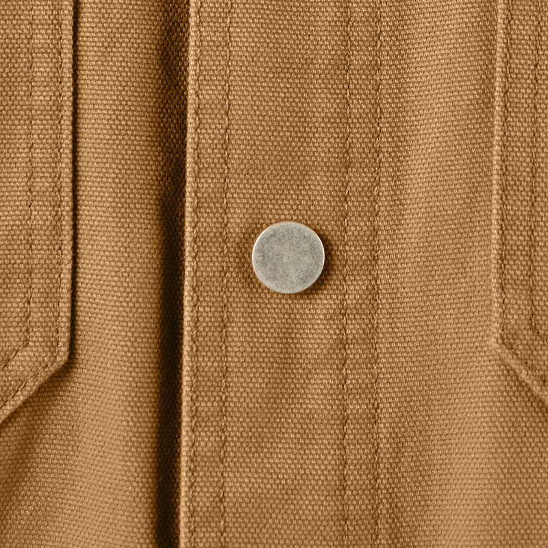 Brown duck shirt jacket front snap buttons and placket stitching detail