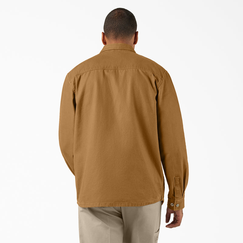 Men's brown duck shirt jacket back view with full-length button placket