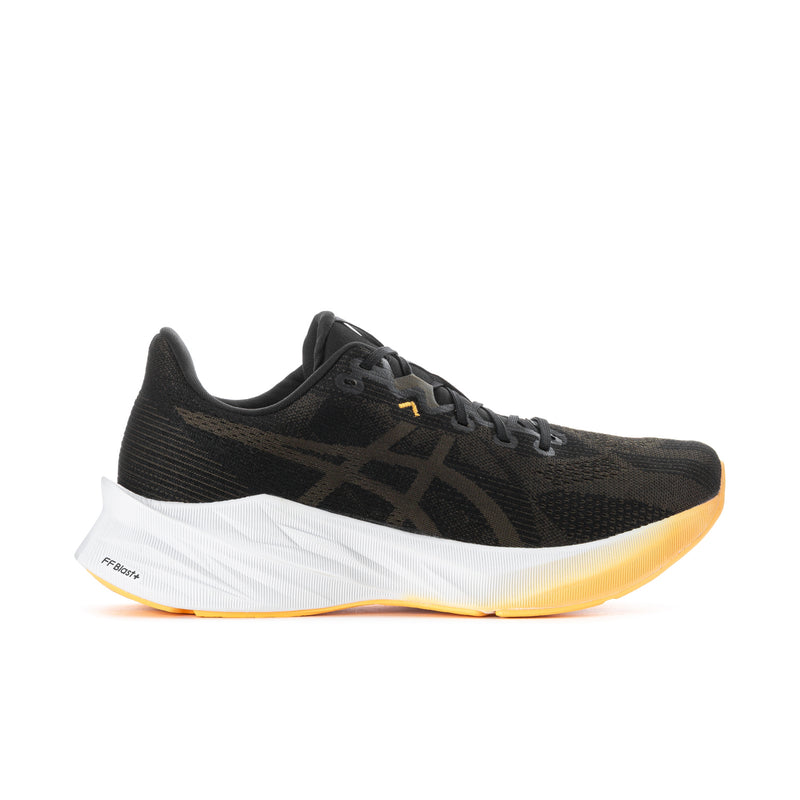 Men's black running shoes with white sole and orange accent logo