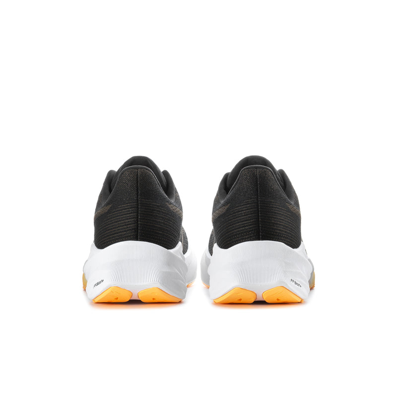 Men's black running shoes rear view with white heel and orange outsole accents