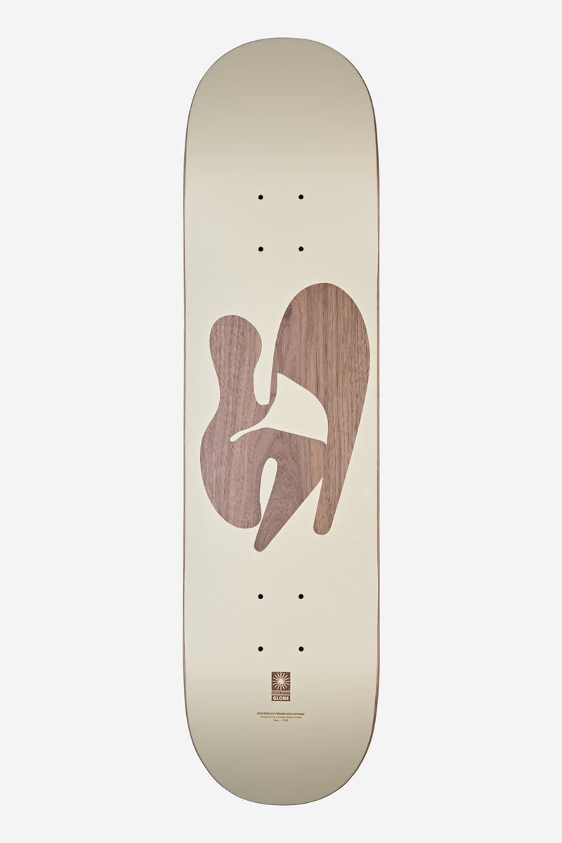 Eames silhouette deck from the collection shown with cream finish and a brown abstract wood grain graphic