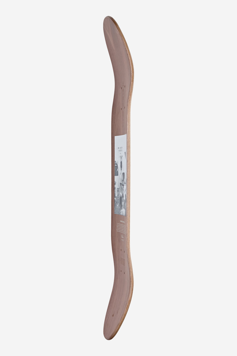 Profile view of the walnut Hang-It-All deck showing a curved edge and wood grain